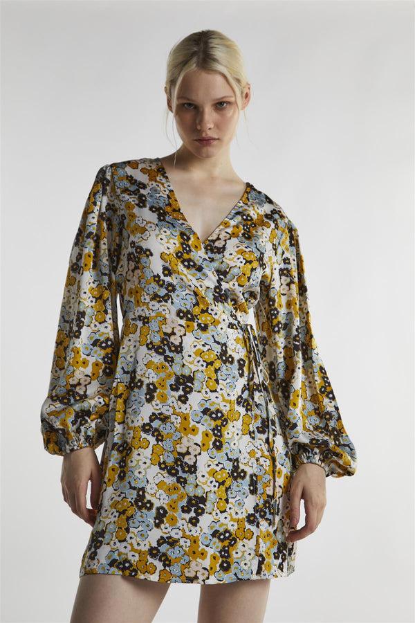 Glamorous Mustard-Floral Wrap Mini-Dress