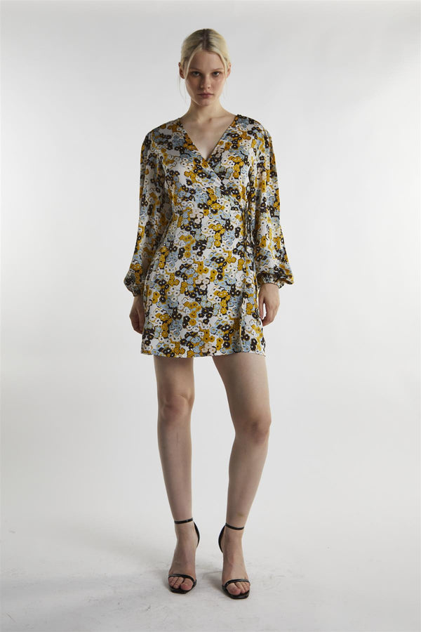 glamorous Mustard-Floral Wrap Mini-Dress