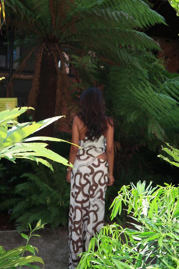Glamorous Natural-Brown-Swirl Split-Leg Maxi-Dress