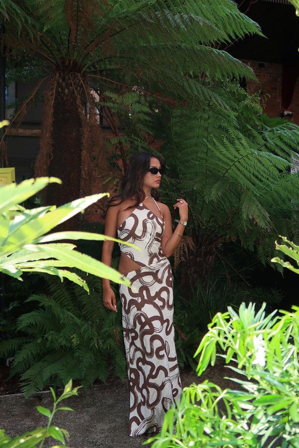 Glamorous Natural-Brown-Swirl Split-Leg Maxi-Dress
