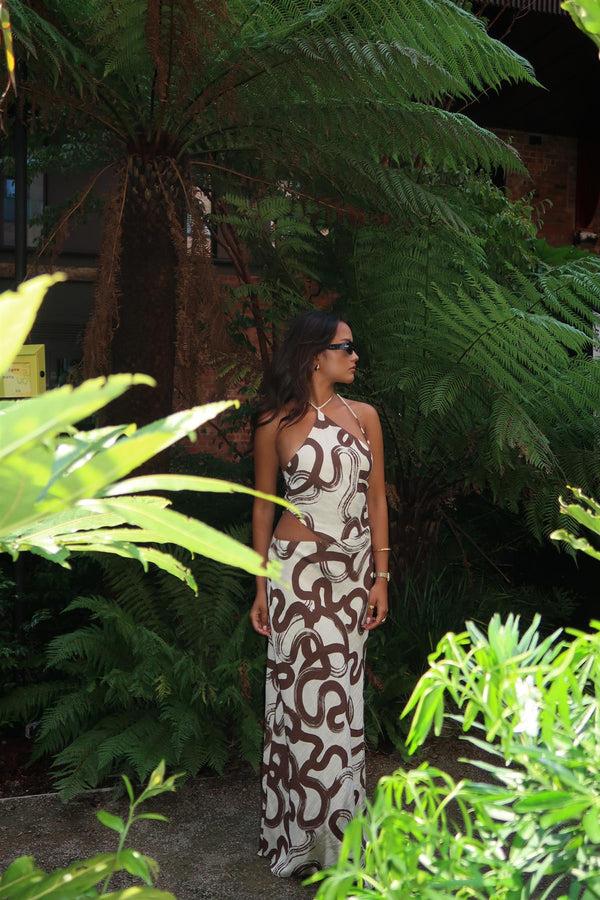 Glamorous Natural-Brown-Swirl Split-Leg Maxi-Dress