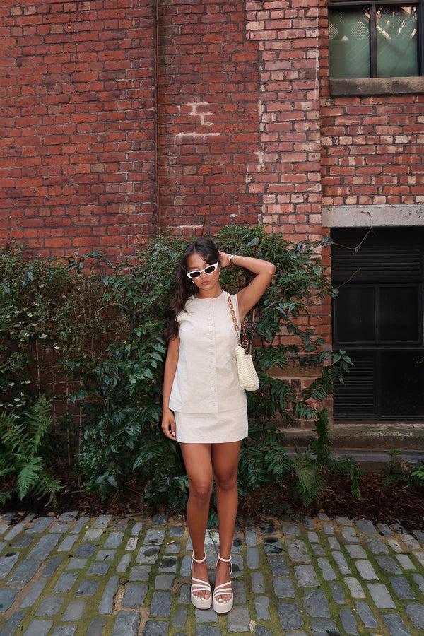 glamorous Natural-Ecru Button-Up Sleeveless-Top