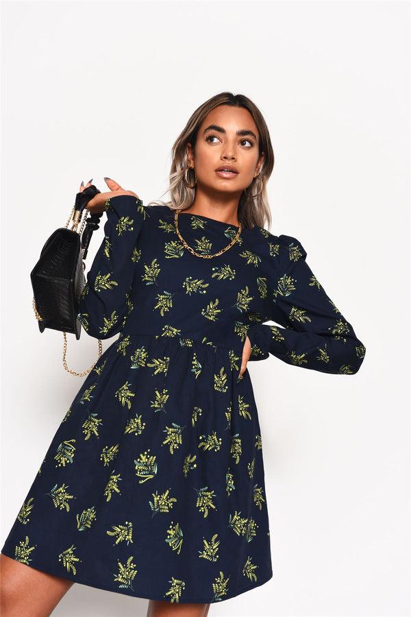 Glamorous Navy-Bouquet Long Sleeve Mini-Dress