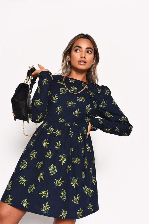 Glamorous Navy-Bouquet Long Sleeve Mini-Dress