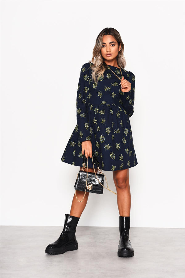 glamorous Navy-Bouquet Long Sleeve Mini-Dress