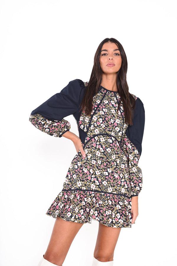 glamorous Glamorous Navy Folk Poplin Navy Pattern Puff Sleeve Mini Dress