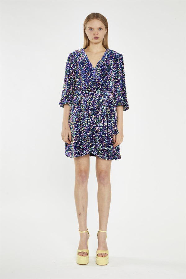 glamorous Navy Multi-Sequin Wrap Mini-Dress