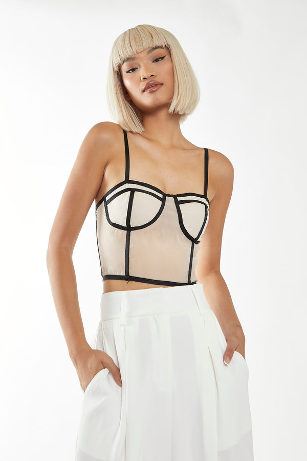 glamorous Nude-Black Strappy Corset Top