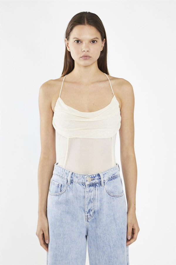 Glamorous Nude-Mesh Cowl-Neck Bodysuit