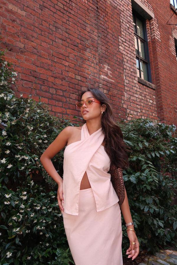 Glamorous Nude-Peach Cross-Halter-Neck Crop-Top