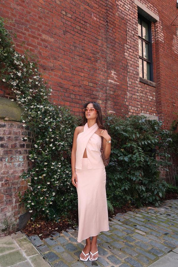 glamorous Nude-Peach Cross-Halter-Neck Crop-Top