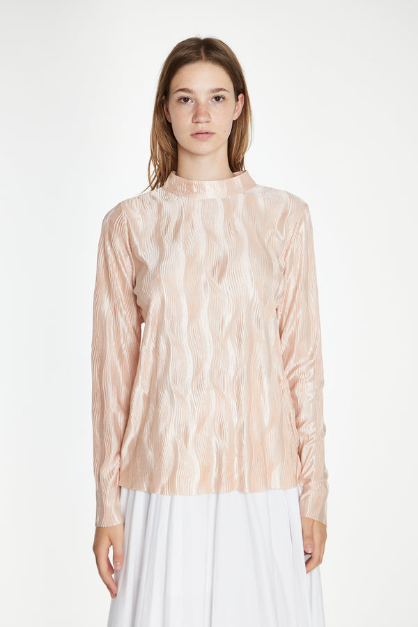 Glamorous Nude Plisse Long-Sleeve High-Neck Top
