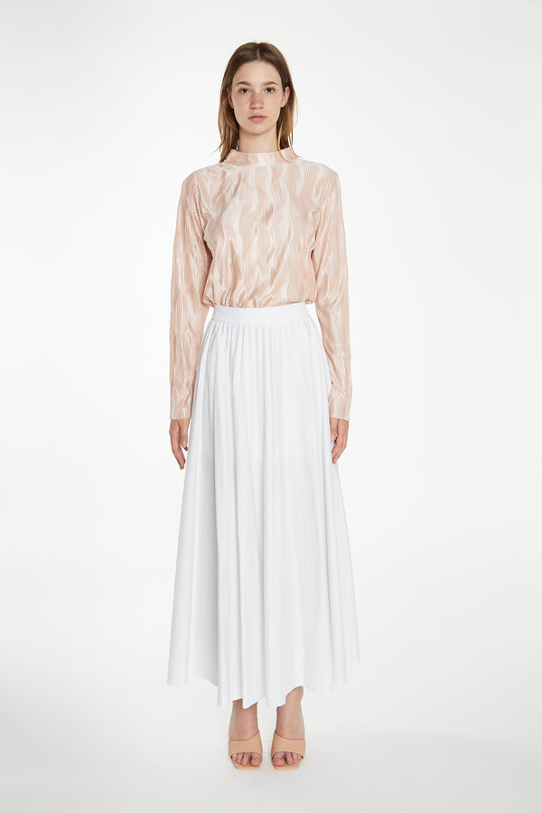 glamorous Nude Plisse Long-Sleeve High-Neck Top