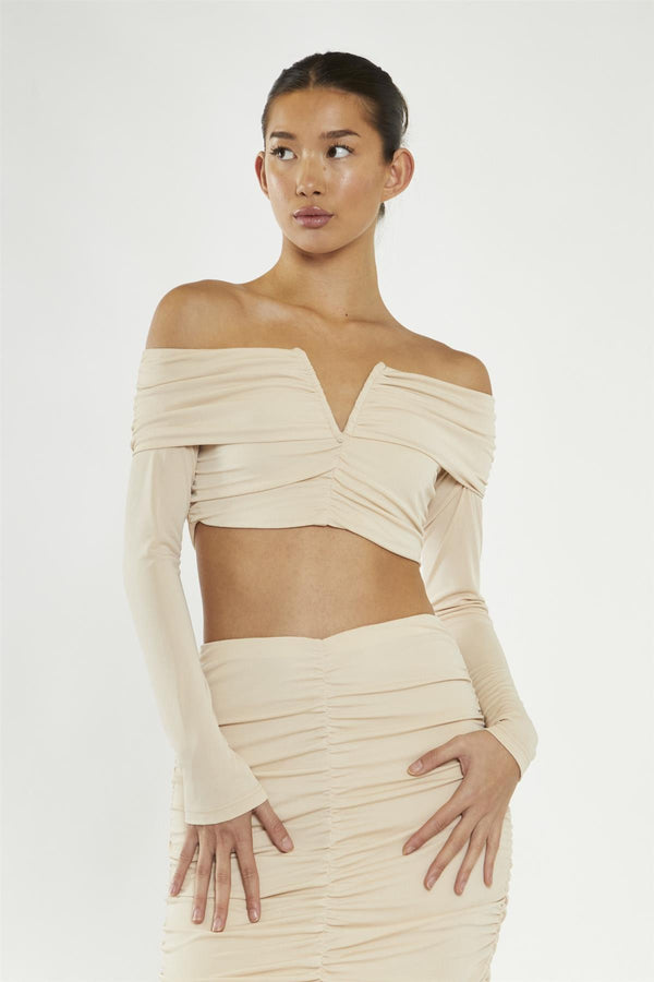 Glamorous Nude Ruched Bardot Crop-Top
