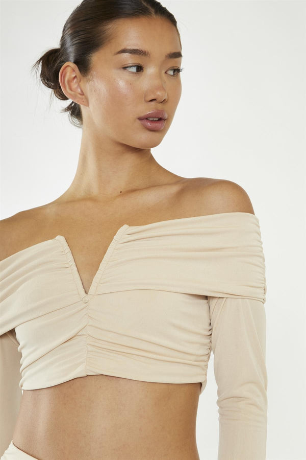 Glamorous Nude Ruched Bardot Crop-Top