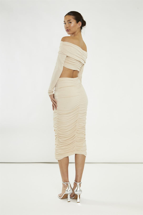 Glamorous Nude Ruched Midi-Skirt