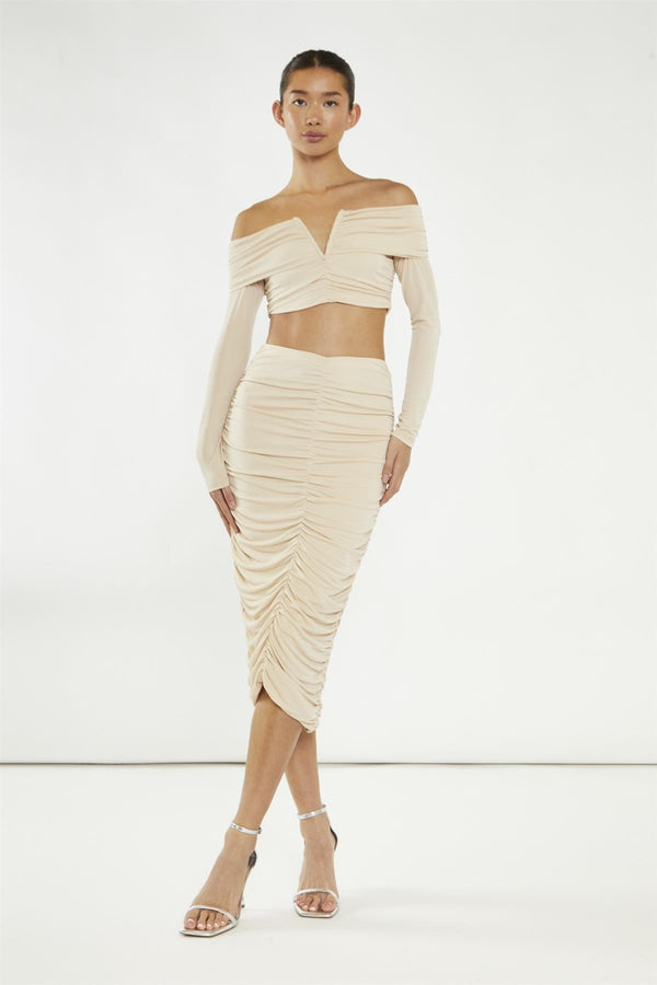 glamorous Nude Ruched Midi-Skirt
