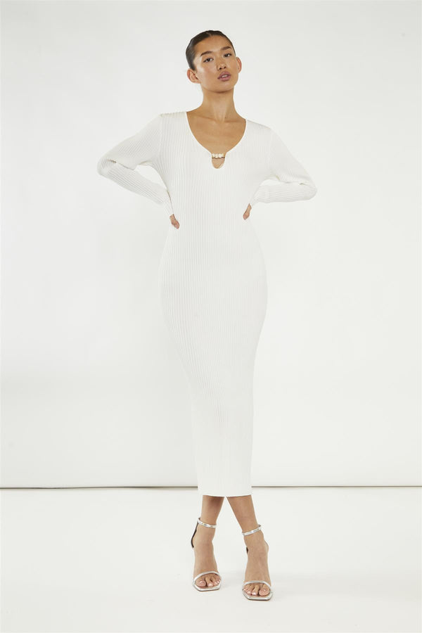 glamorous Off-White Bead Detail Maxi-Dress