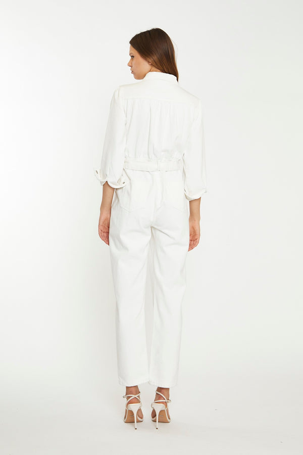 Glamorous Off White Belted Denim Jumpsuit