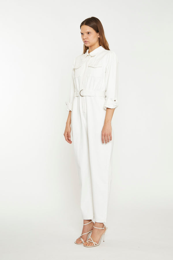 Glamorous Off White Belted Denim Jumpsuit