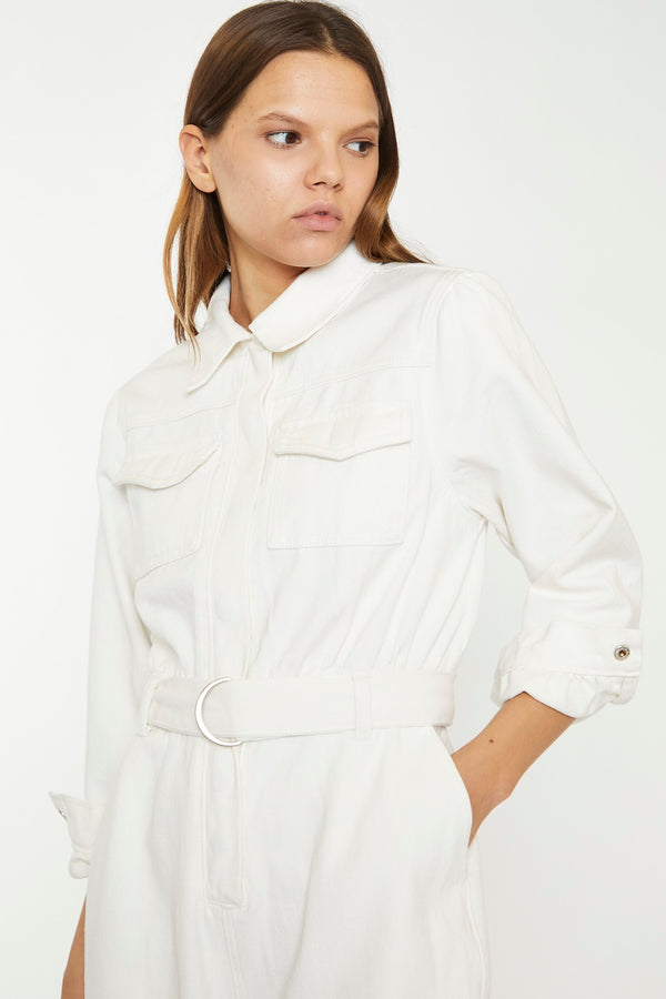 Glamorous Off White Belted Denim Jumpsuit