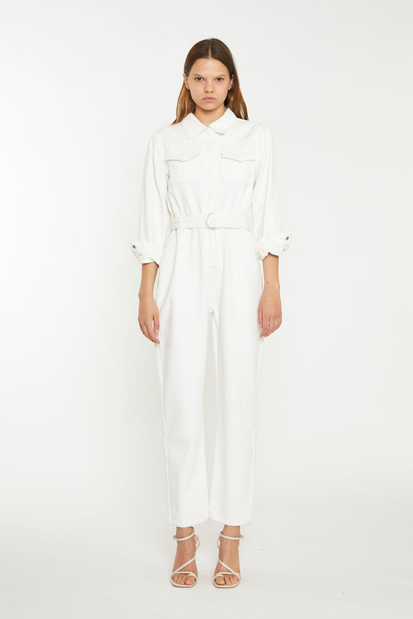 glamorous Off White Belted Denim Jumpsuit