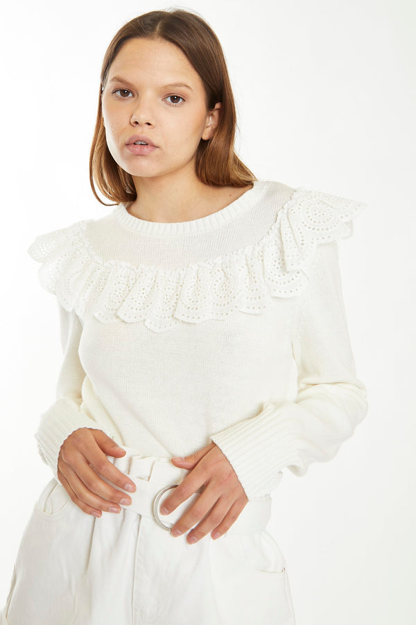 Glamorous Off White Broderie Ruffle Jumper