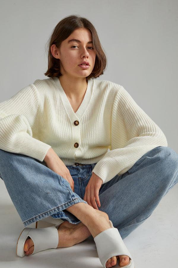 Glamorous Off White Button Front Cropped Cardigan