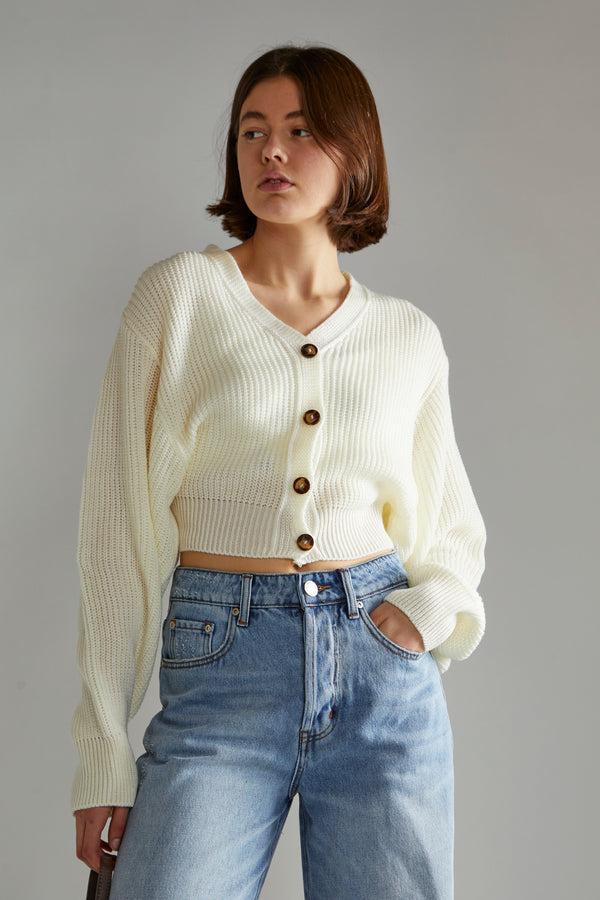 glamorous Off White Button Front Cropped Cardigan