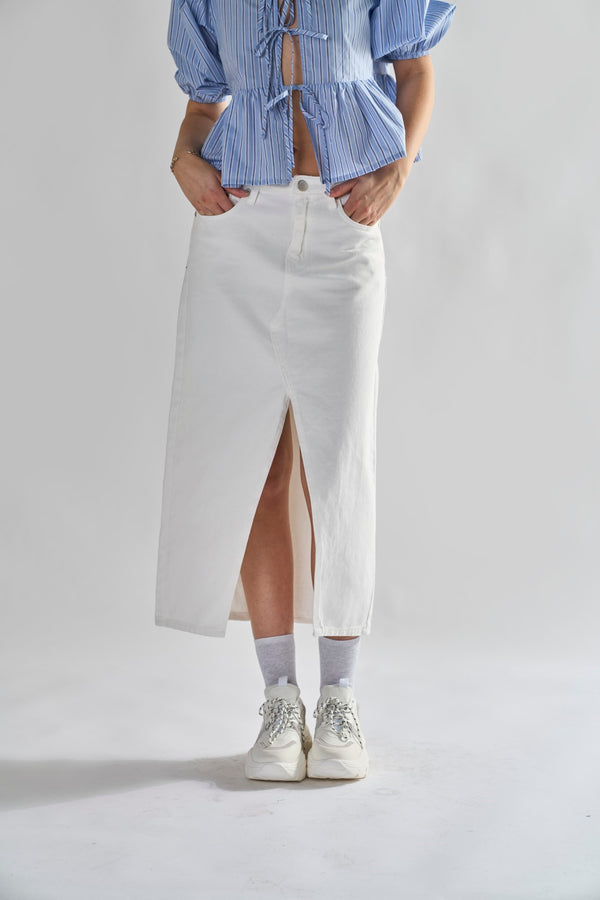 Glamorous Off White Centre-Split Denim Maxi-Skirt