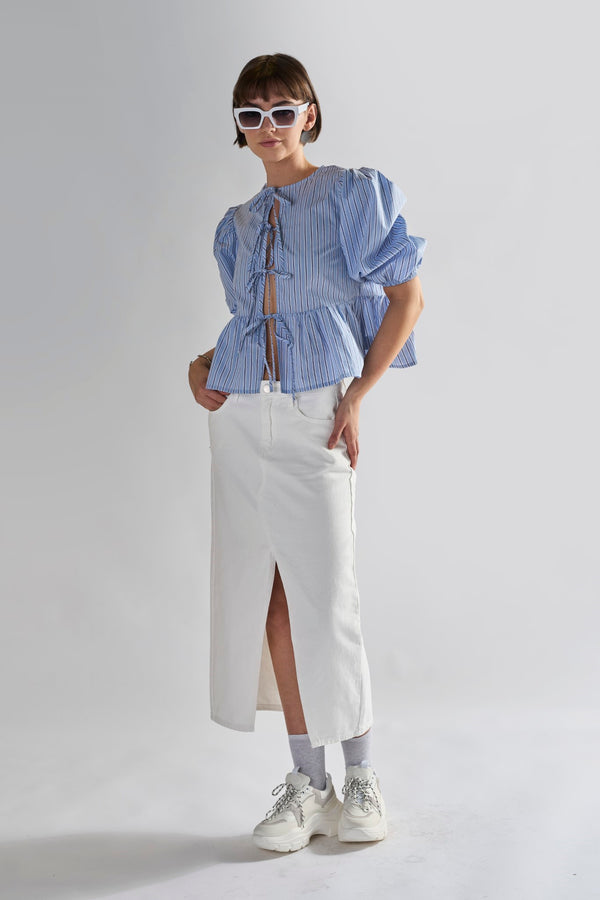 glamorous Off White Centre-Split Denim Maxi-Skirt