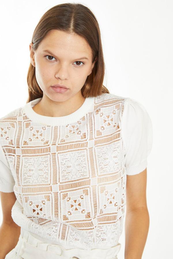 Glamorous Off White Crochet Knit Top