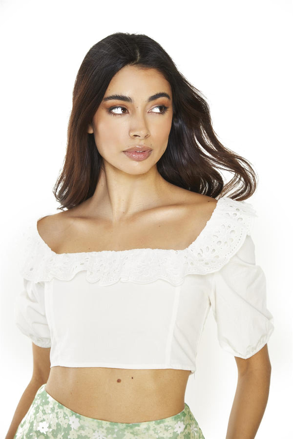 Glamorous Off-White Lace Frill Crop-Tops