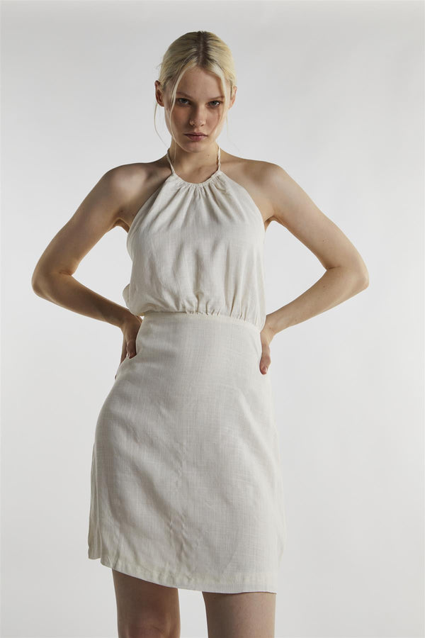 Glamorous Off White Linen Halter-Neck Mini-Dress