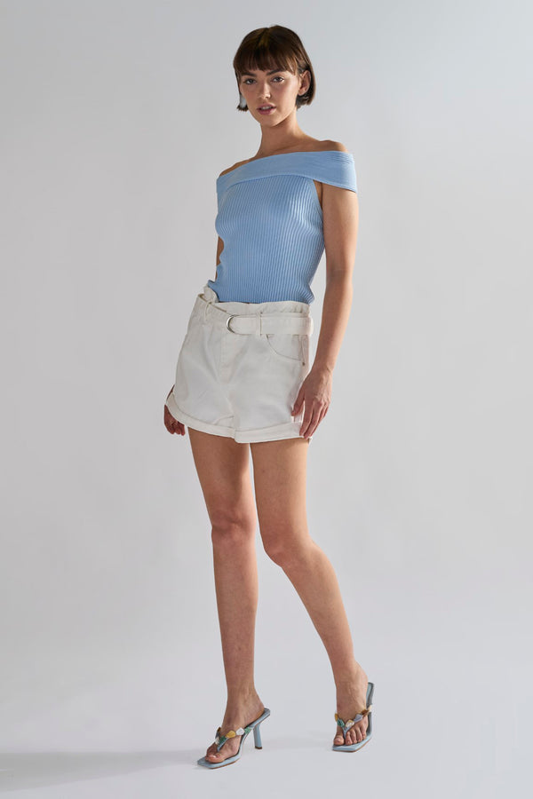 glamorous Off White Paper-Bag Belted Shorts