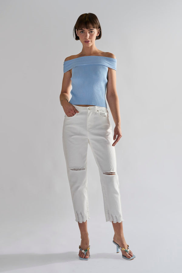 glamorous Off-White Ripped Cropped-Jeans