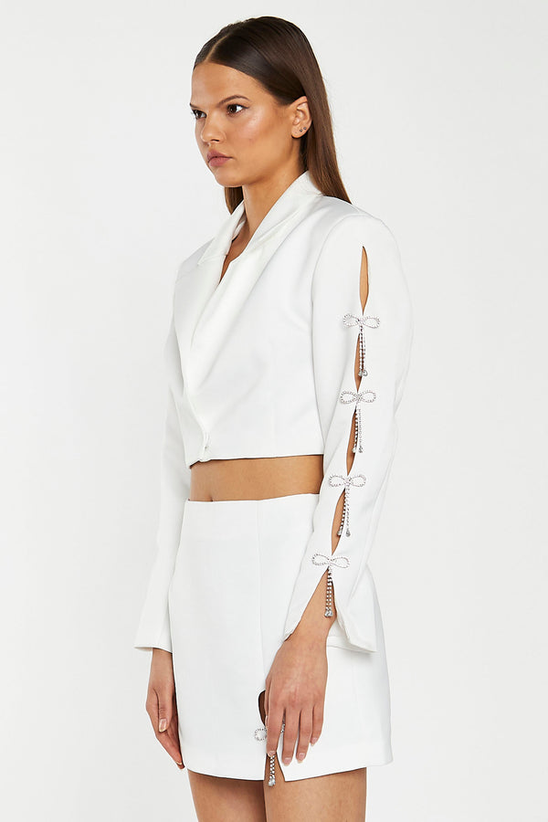 Glamorous Off-White Satin Diamante Bow Crop-Blazer