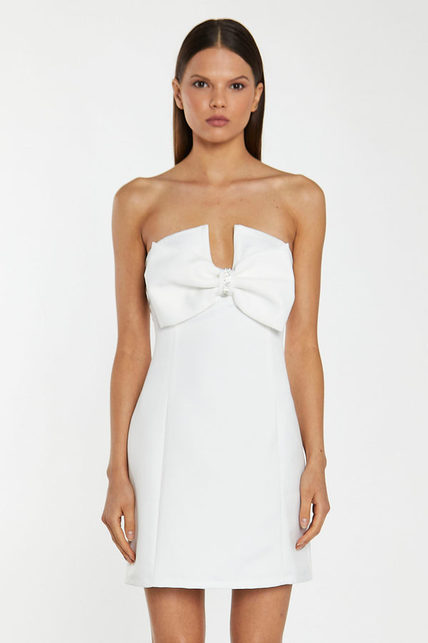 Glamorous Off-White Satin Strapless Bow Mini-Dress