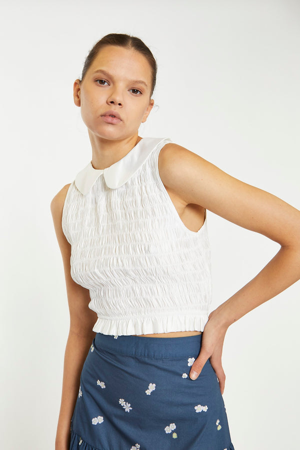 Glamorous Off White Smocked Collar Crop-Top