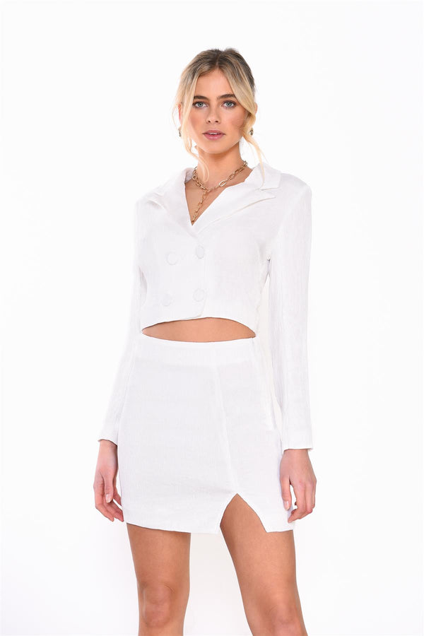 Glamorous Off White Textured Blazer Crop-Jacket