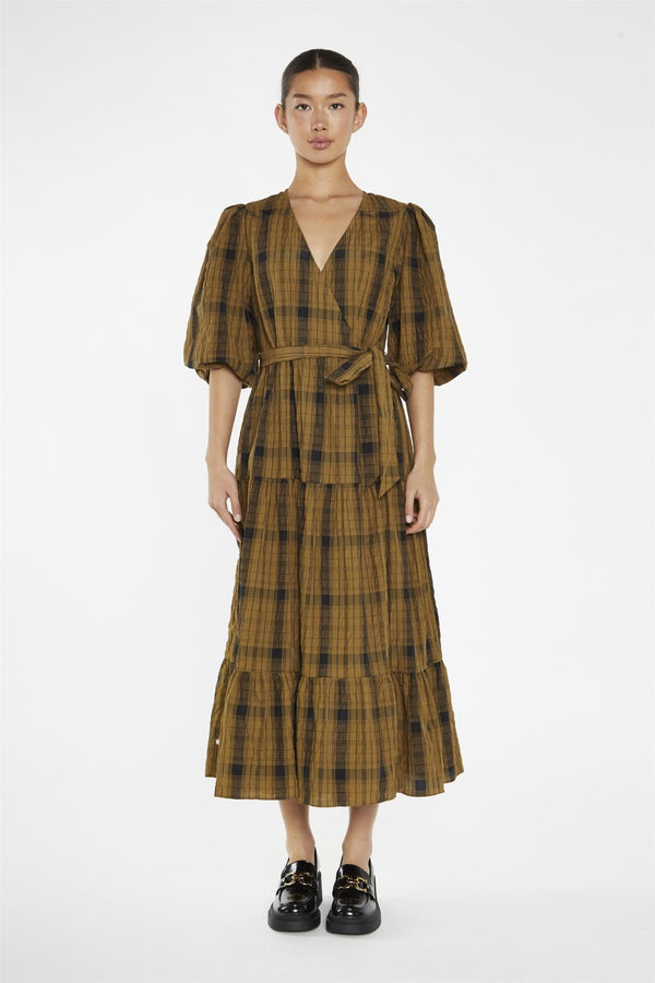 glamorous Olive-Check Wrap Midi-Dress