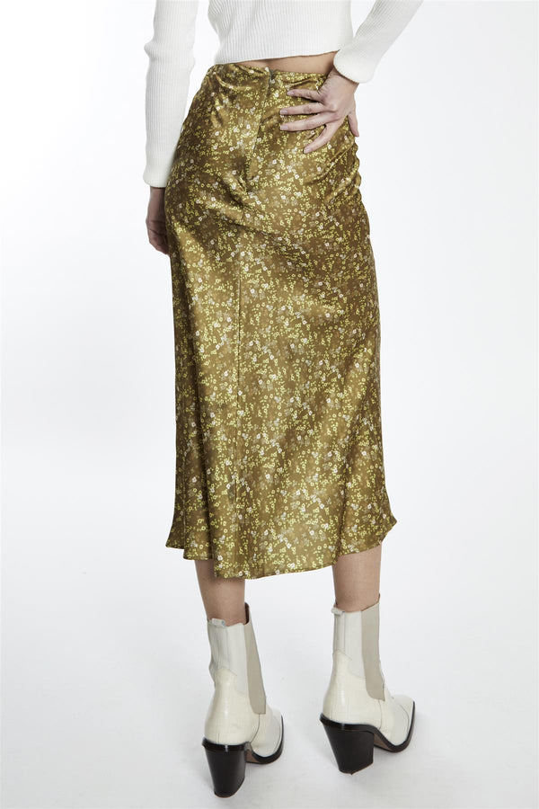 Glamorous Olive-Lime Floral Bias-Cut Midi-Skirt