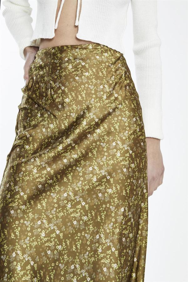 Glamorous Olive-Lime Floral Bias-Cut Midi-Skirt