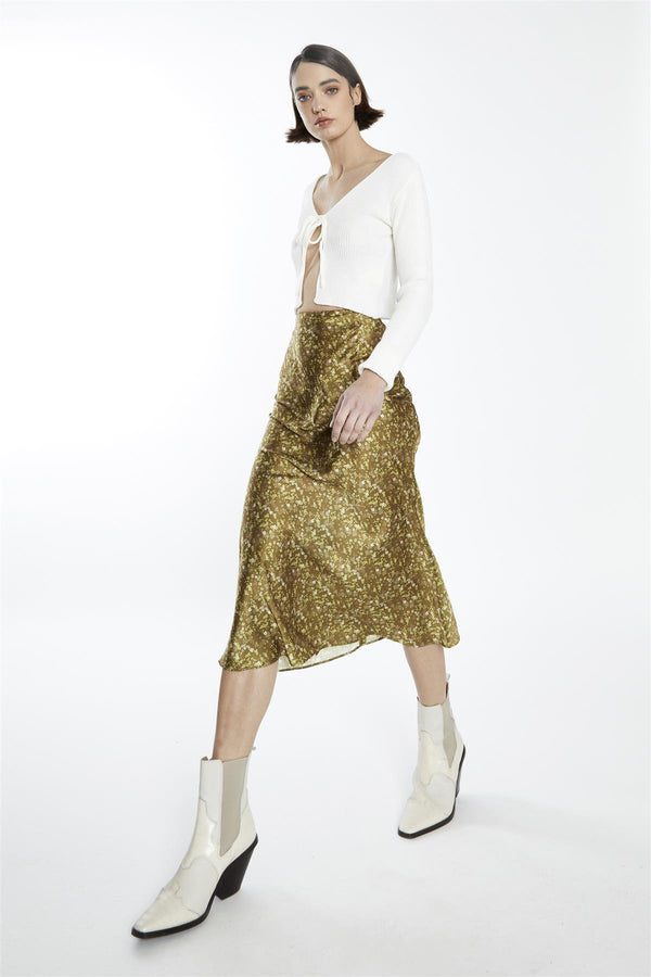 Glamorous Olive-Lime Floral Bias-Cut Midi-Skirt