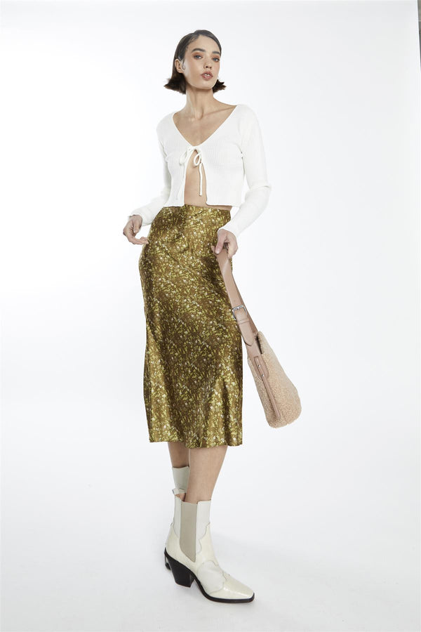 glamorous Olive-Lime Floral Bias-Cut Midi-Skirt