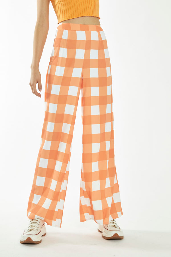 Glamorous Orange-White Gingham Wide Leg Trousers