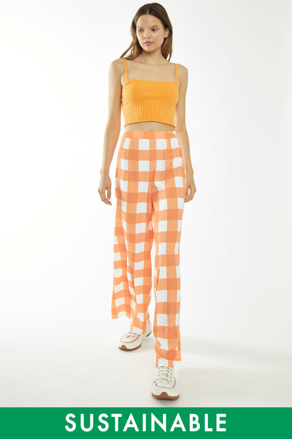 glamorous Orange-White Gingham Wide Leg Trousers