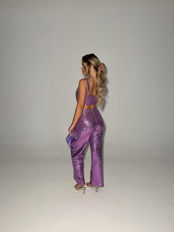 Glamorous Orchid-Pink Sequin Wide-Leg Trousers