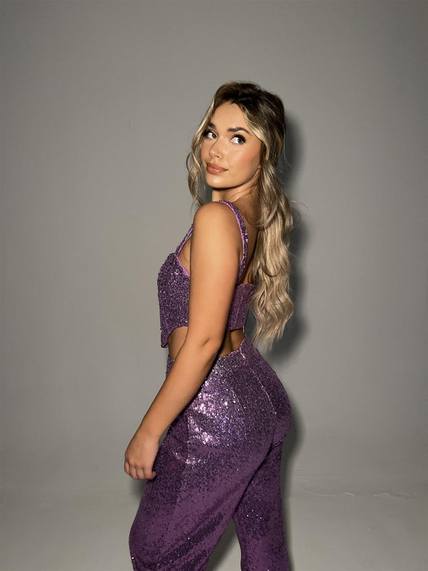 Glamorous Orchid-Pink Sequin Wide-Leg Trousers