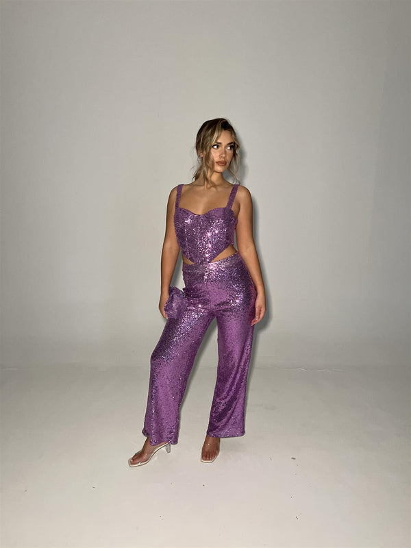 Glamorous Orchid-Pink Sequin Wide-Leg Trousers